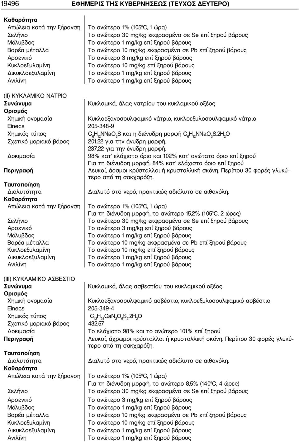 εκφρασμένα σε Pb επί ξηρού βάρους Tο ανώτερο 10 mg/kg επί ξηρού βάρους Kυκλαμικά, άλας νατρίου του κυκλαμικού οξέος Kυκλοεξανοσουλφαμικό νάτριο, κυκλοεξυλοσουλφαμικό νάτριο 205 348 9 C 6 H 12 NNaO 3