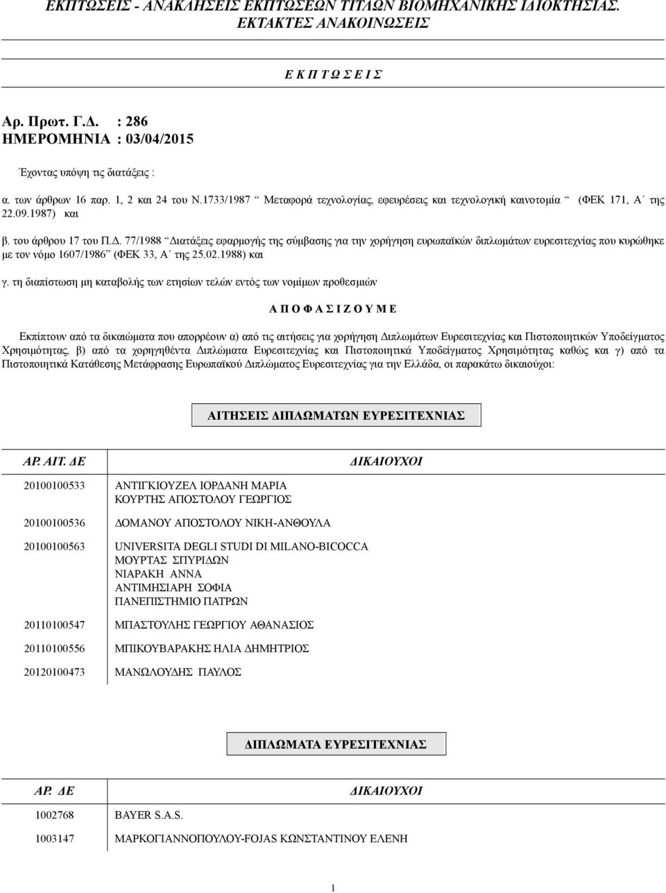 . 77/1988 ιατάξεις εφαρµογής της σύµβασης για την χορήγηση ευρωπαϊκών διπλωµάτων ευρεσιτεχνίας που κυρώθηκε µε τον νόµο 1607/1986 (ΦΕΚ 33, Α της 25.02.1988) και γ.