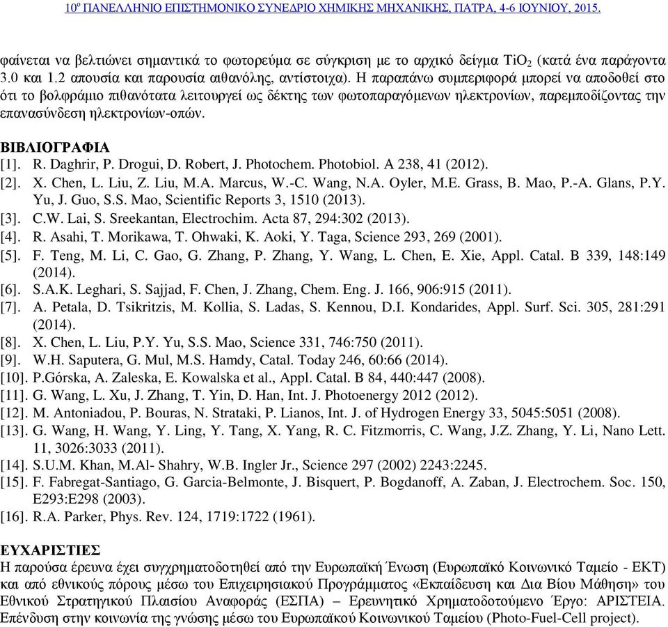 . Daghrir, P. Drogui, D. obert, J. Photochem. Photobiol. Α 238, 41 (2012). [2]. X. Chen, L. Liu, Z. Liu, M.A. Marcus, W.-C. Wang, N.A. Oyler, Μ.E. Grass, B. Mao, P.-A. Glans, P.Y. Yu, J. Guo, S.