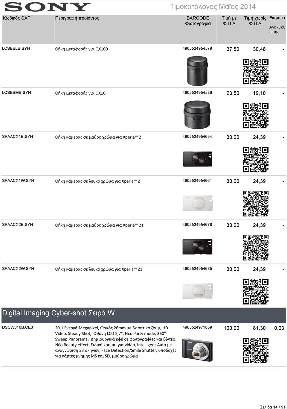 SYH Θήκη κάμερας σε μαύρο χρώμα για Xperia Z1 4905524954678 30,00 24,39 SPAACX2W.SYH Θήκη κάμερας σε λευκό χρώμα για Xperia Z1 4905524954685 30,00 24,39 Digital Imaging Cybershot Σειρά W DSCW810B.