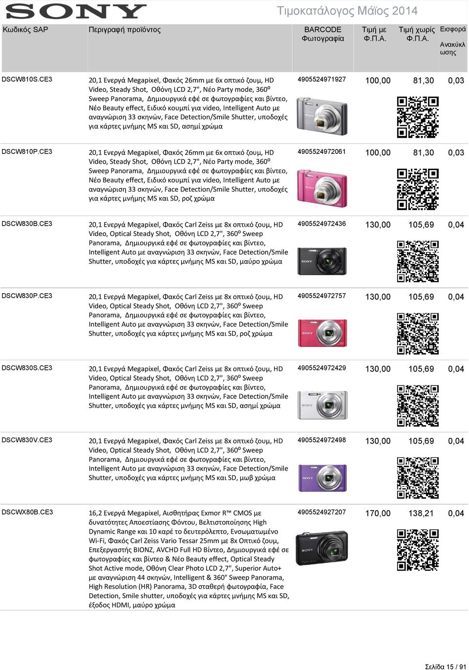 Ειδικό κουμπί για video, Intelligent Auto με αναγνώριση 33 σκηνών, Face Detection/Smile Shutter, υποδοχές για κάρτες μνήμης MS και SD, ασημί χρώμα 4905524971927 100,00 81,30 0,03 DSCW810P.