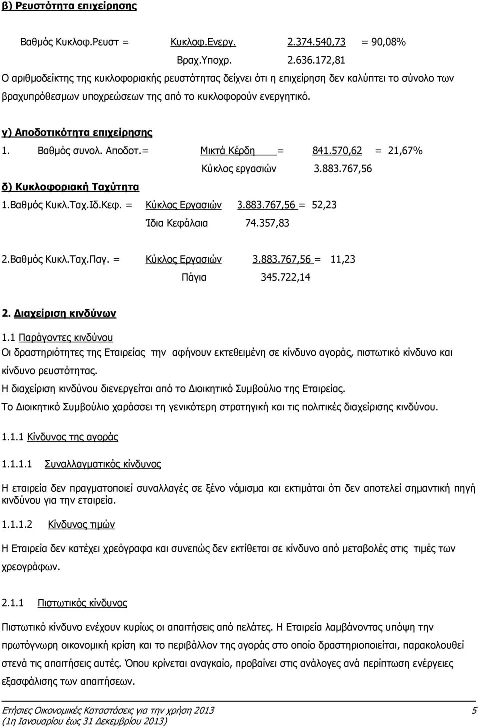 Βαθμός συνολ. Αποδοτ.= Μικτά Κέρδη = 841.570,62 = 21,67% Κύκλος εργασιών 3.883.767,56 δ) Κυκλοφοριακή Ταχύτητα 1.Βαθμός Κυκλ.Ταχ.Ιδ.Κεφ. = Κύκλος Εργασιών 3.883.767,56 = 52,23 Ίδια Κεφάλαια 74.