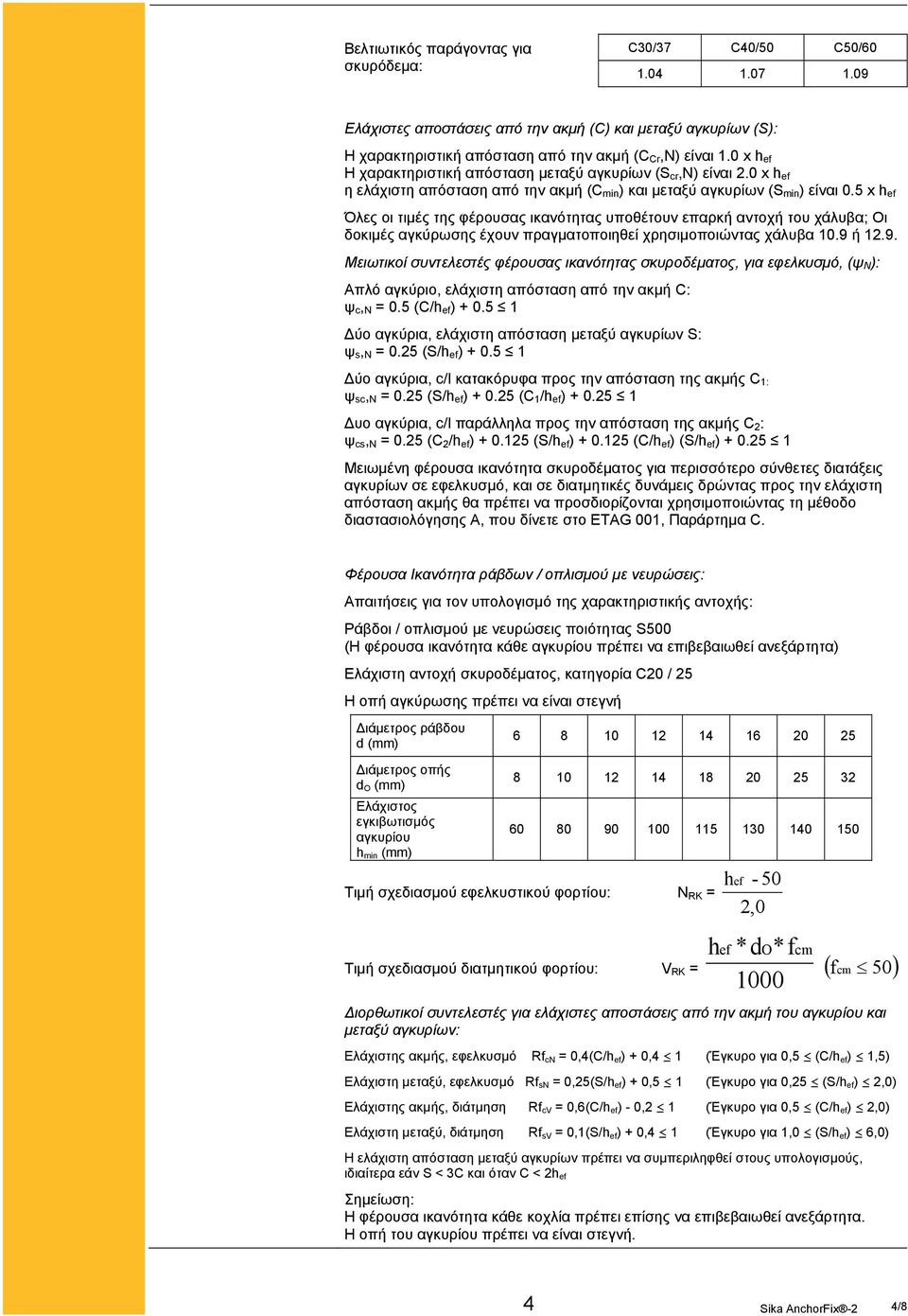 5 x h ef Όλες οι τιμές της φέρουσας ικανότητας υποθέτουν επαρκή αντοχή του χάλυβα; Οι δοκιμές αγκύρωσης έχουν πραγματοποιηθεί χρησιμοποιώντας χάλυβα 10.9 