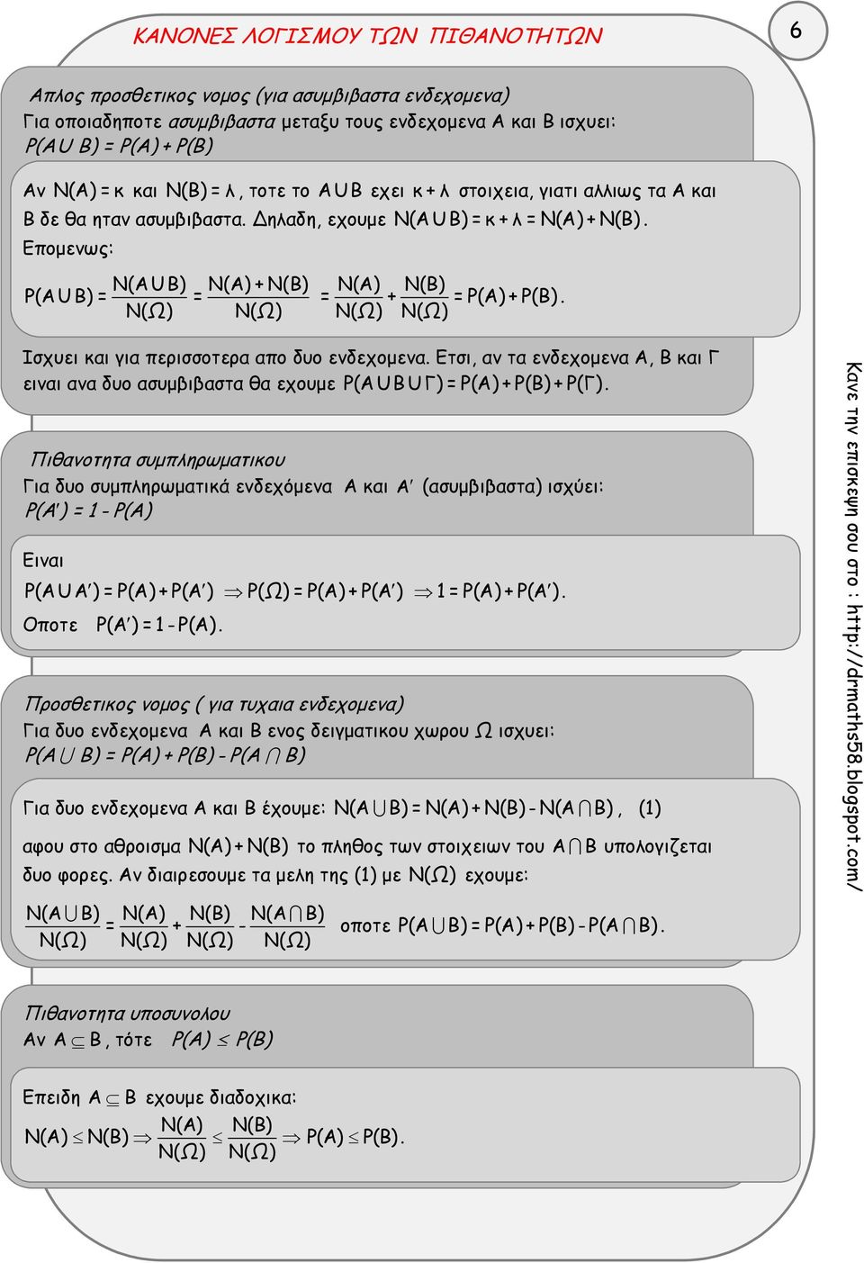 Επομενως: N(AU B) N(A) + N(B) P(AU B) = = N(Ω) N(Ω) N(A) N(B) = + = P(A) + P(B). N(Ω) N(Ω). Ισχυει και για περισσοτερα απο δυο ενδεχομενα.