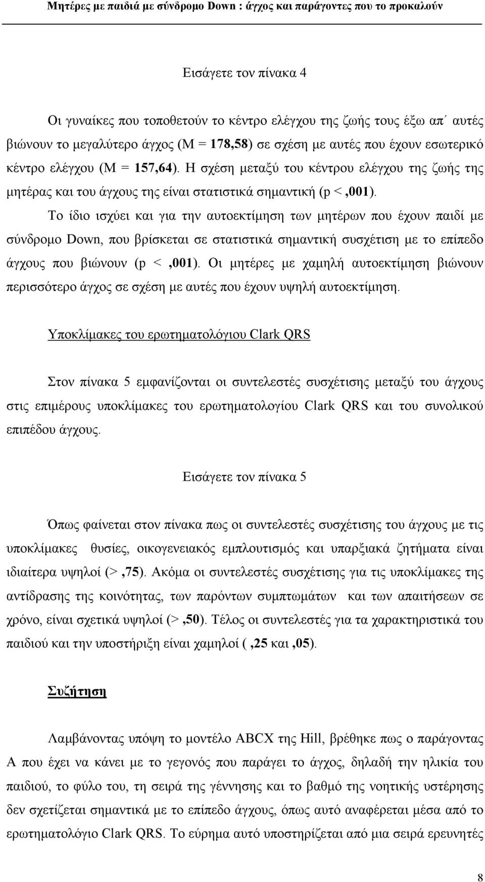 Το ίδιο ισχύει και για την αυτοεκτίμηση των μητέρων που έχουν παιδί με σύνδρομο Down, που βρίσκεται σε στατιστικά σημαντική συσχέτιση με το επίπεδο άγχους που βιώνουν (p <,001).