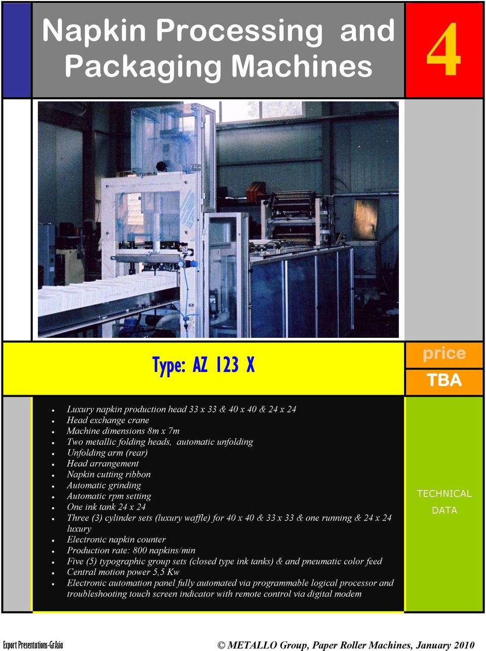 for 40 x 40 & 33 x 33 & one running & 24 x 24 luxury Electronic napkin counter Production rate: 800 napkins/min Five (5) typographic group sets (closed type ink tanks) & and pneumatic