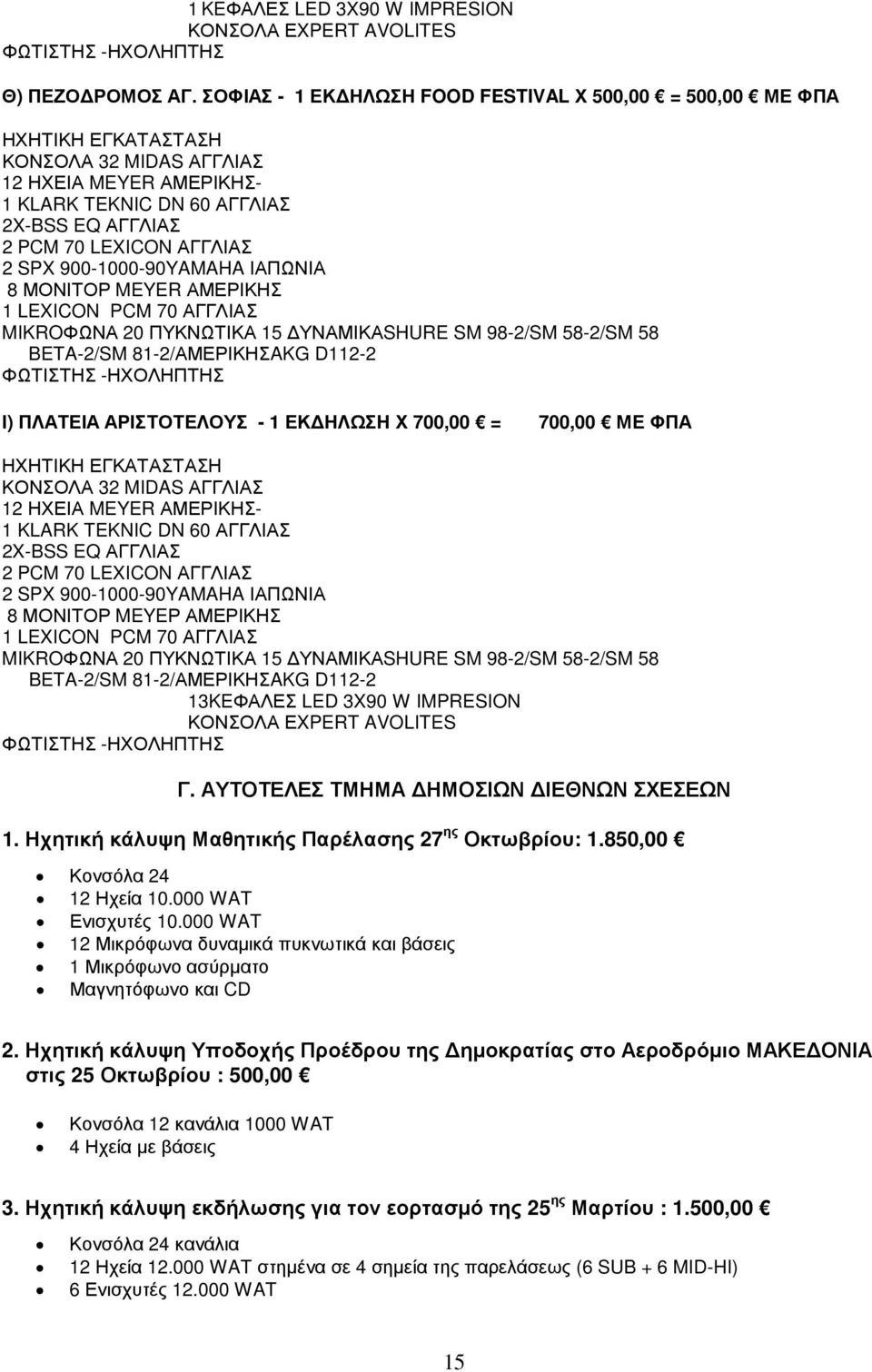 SPX 900-000-90YAMAHA ΙΑΠΩΝΙΑ 8 ΜΟΝΙΤΟΡ MEYER ΑΜΕΡΙΚΗΣ LEXICON PCM 70 ΑΓΓΛΙΑΣ MIKROΦΩΝΑ 20 ΠΥΚΝΩΤΙΚΑ 5 ΥΝΑΜΙΚΑSHURE SM 98-2/SM 58-2/SM 58 BETA-2/SM 8-2/ΑΜΕΡΙΚΗΣAKG D2-2 ΦΩΤΙΣΤΗΣ -ΗΧΟΛΗΠΤΗΣ Ι) ΠΛΑΤΕΙΑ