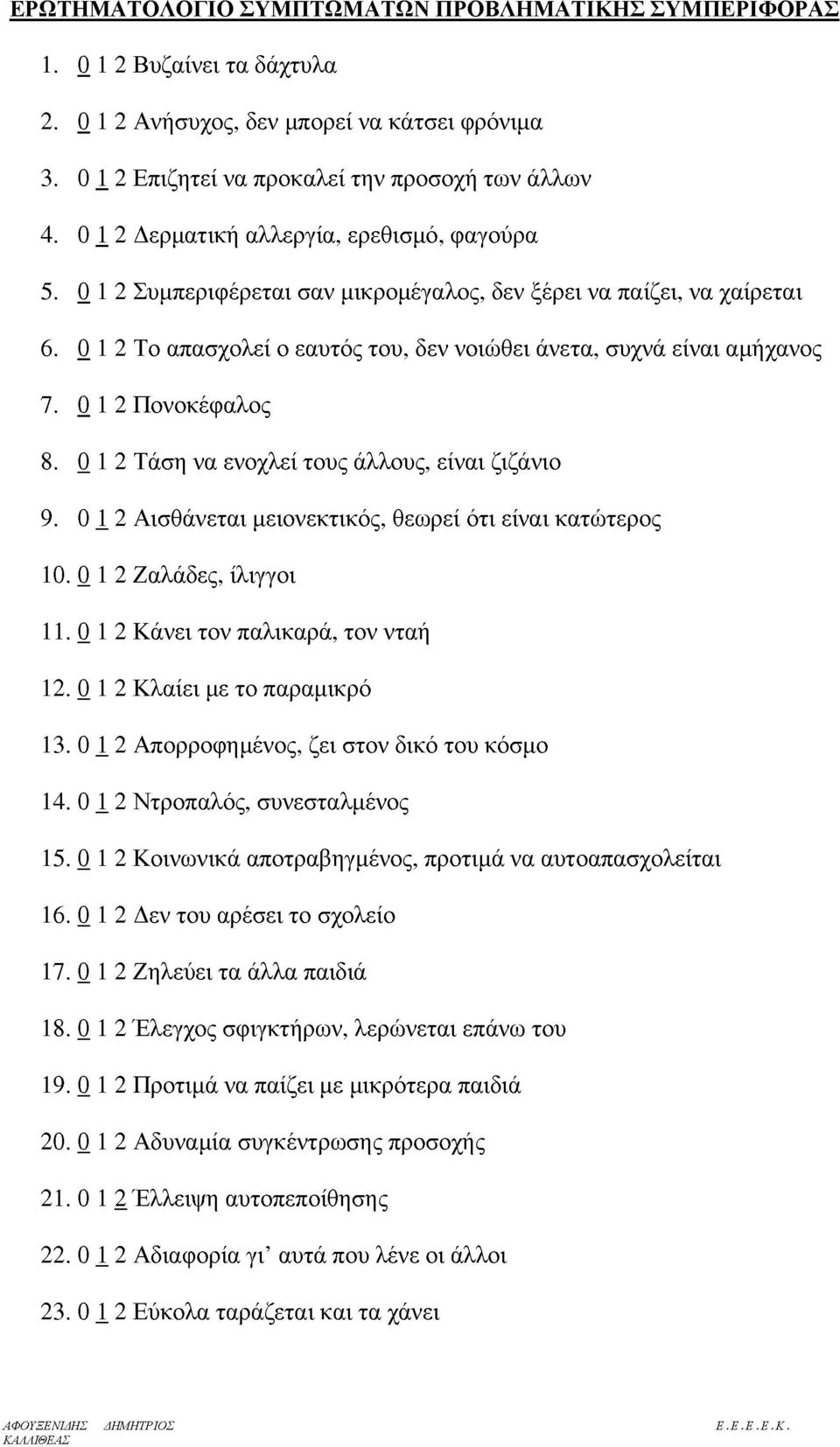 0 1 2 Πονοκέαλος 8. 0 1 2 Τάση να ενοχλεί τους άλλους, είναι ζιζάνιο 9. 0 1 2 Αισθάνεται μειονεκτικός, θεωρεί ότι είναι κατώτερος 10. 0 1 2 Ζαλάδες, ίλιγγοι 11. 0 1 2 Κάνει τον παλικαρά, τον νταή 12.