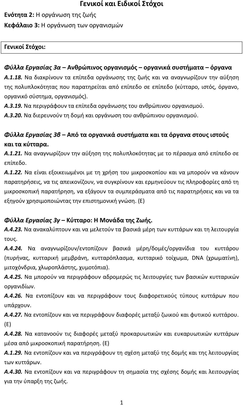 Να περιγράφουν τα επίπεδα οργάνωσης του ανθρώπινου οργανισμού. Α.3.20. Να διερευνούν τη δομή και οργάνωση του ανθρώπινου οργανισμού.