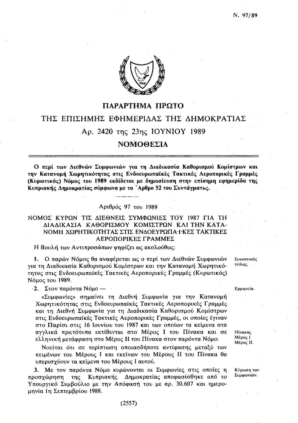 Νόμος του 1989 εκδίδεται με δημοσίευση στην επίσημη εφημερίδα της Κυπριακής Δημοκρατίας σύμφωνα με το Άρθρο 52 του Συντάγματος.