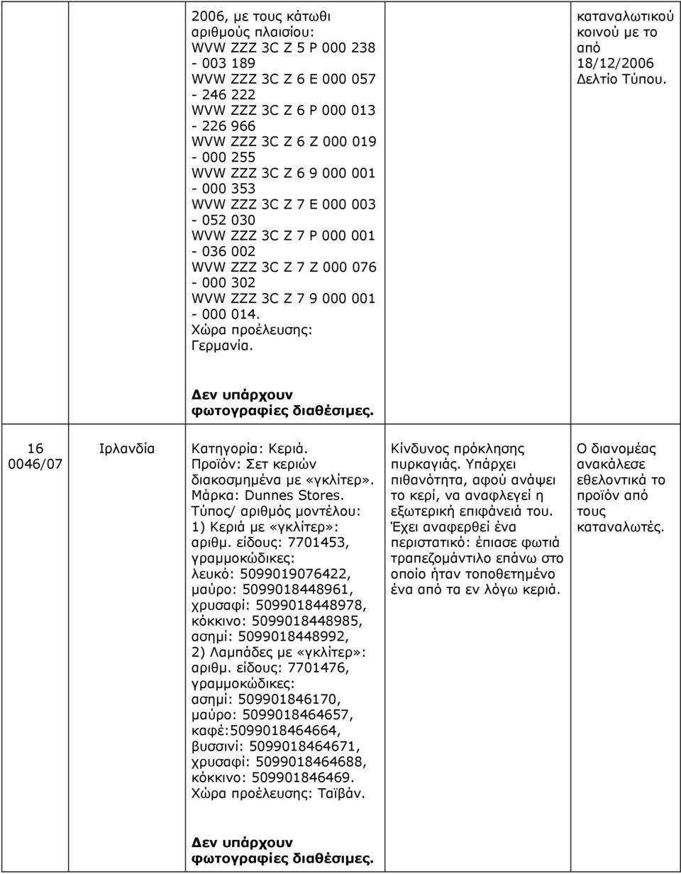 καταναλωτικού κοινού µε το από 18/12/2006 ελτίο Τύπου. εν υπάρχουν φωτογραφίες διαθέσιµες. 16 0046/07 Ιρλανδία Κατηγορία: Κεριά. Προϊόν: Σετ κεριών διακοσµηµένα µε «γκλίτερ». Μάρκα: Dunnes Stores.