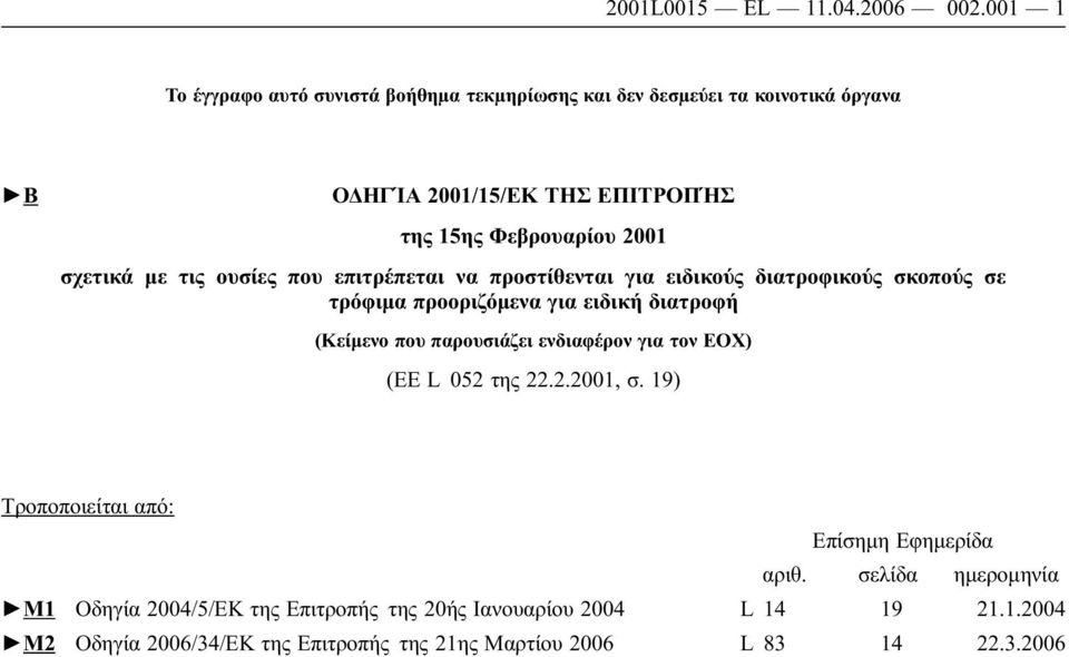 σχετικά με τις ουσίες που επιτρέπεται να προστίθενται για ειδικούς διατροφικούς σκοπούς σε τρόφιμα προοριζόμενα για ειδική διατροφή (Κείμενο που