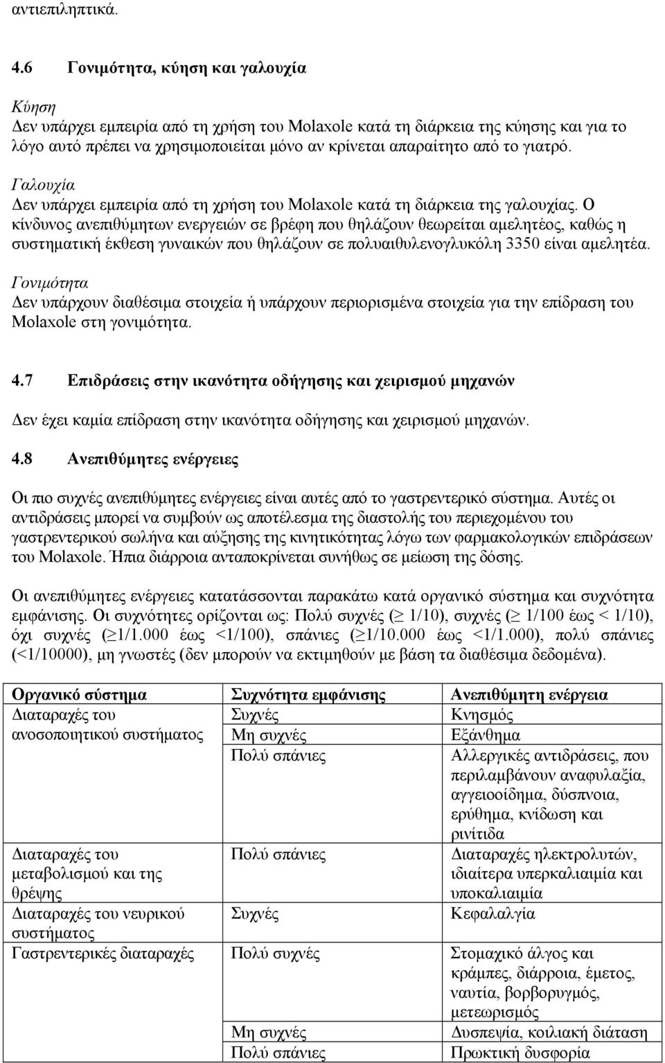 γιατρό. Γαλουχία Δεν υπάρχει εμπειρία από τη χρήση του Molaxole κατά τη διάρκεια της γαλουχίας.