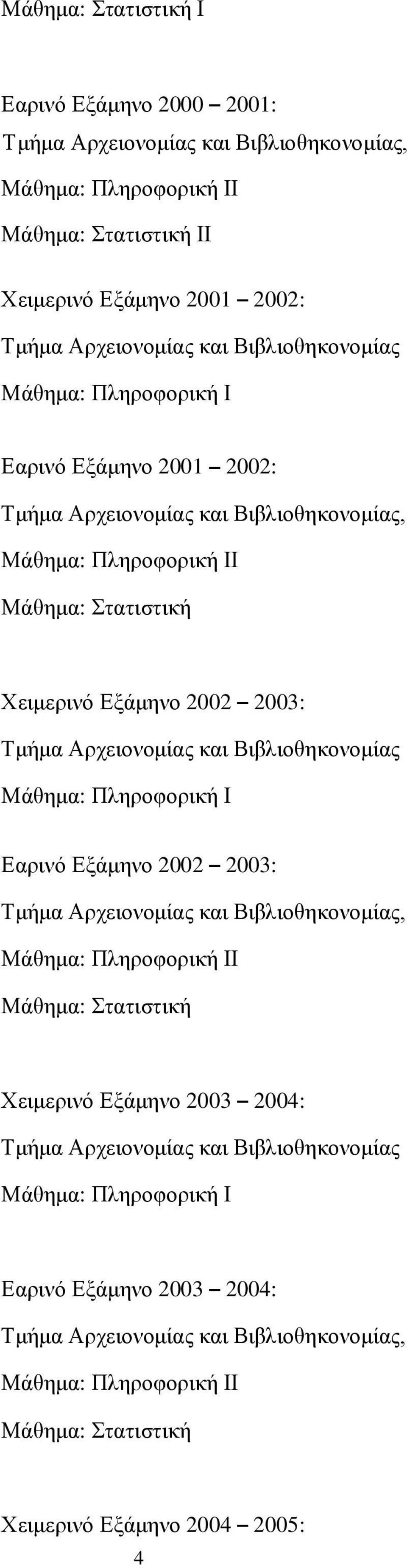 2003: Εαρινό Εξάμηνο 2002 2003: Ι Χειμερινό Εξάμηνο 2003