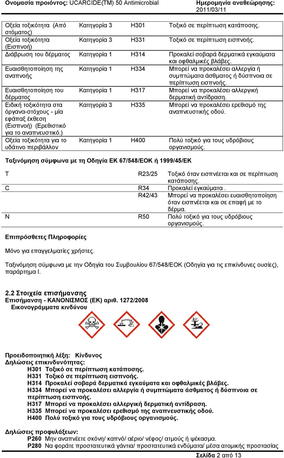 Ευαισθητοποίηση της αναπνοής Κατηγορία 1 H334 Μπορεί να προκαλέσει αλλεργία ή συµπτώµατα άσθµατος ή δύσπνοια σε περίπτωση εισπνοής.