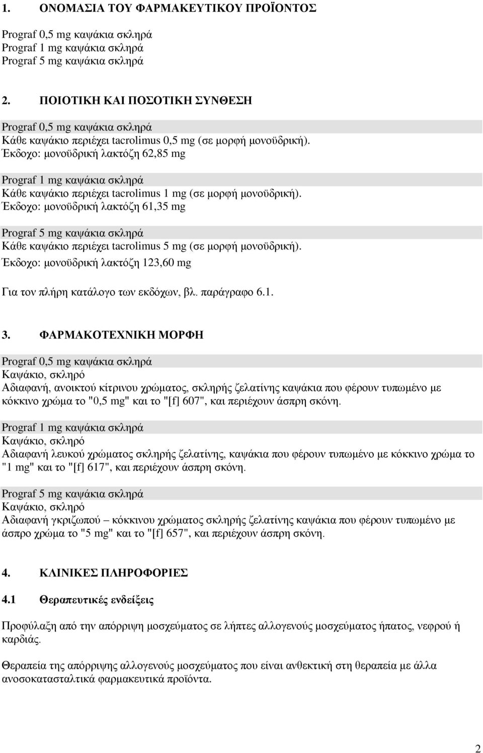 Έκδοχο: μονοϋδρική λακτόζη 62,85 mg Prograf 1 mg καψάκια σκληρά Κάθε καψάκιο περιέχει tacrolimus 1 mg (σε μορφή μονοϋδρική).