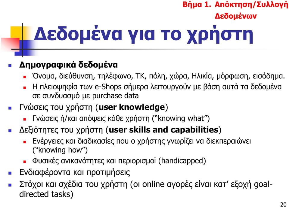 κάθε χρήστη ( knowing what ) Δεξιότητες του χρήστη (user skills and capabilities) Ενέργειες και διαδικασίες που ο χρήστης γνωρίζει να διεκπεραιώνει ( knowing