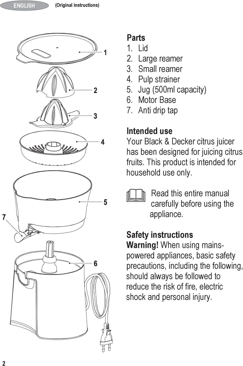 This product is intended for household use only. Read this entire manual carefully before using the appliance. Safety instructions Warning!