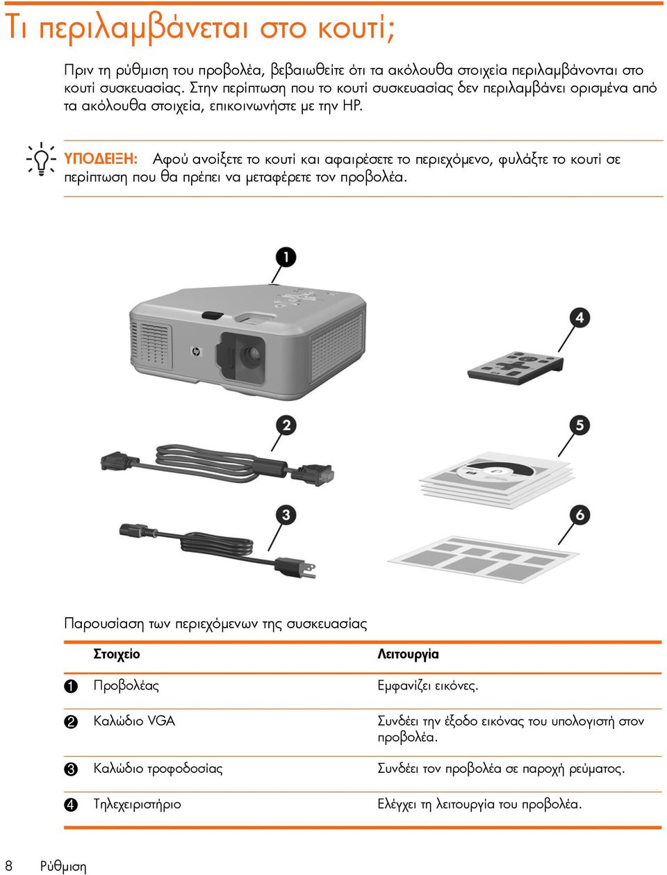 ΥΠΟ ΕΙΞΗ: Αφού ανοίξετε το κουτί και αφαιρέσετε το περιεχόµενο, φυλάξτε το κουτί σε περίπτωση που θα πρέπει να µεταφέρετε τον προβολέα.