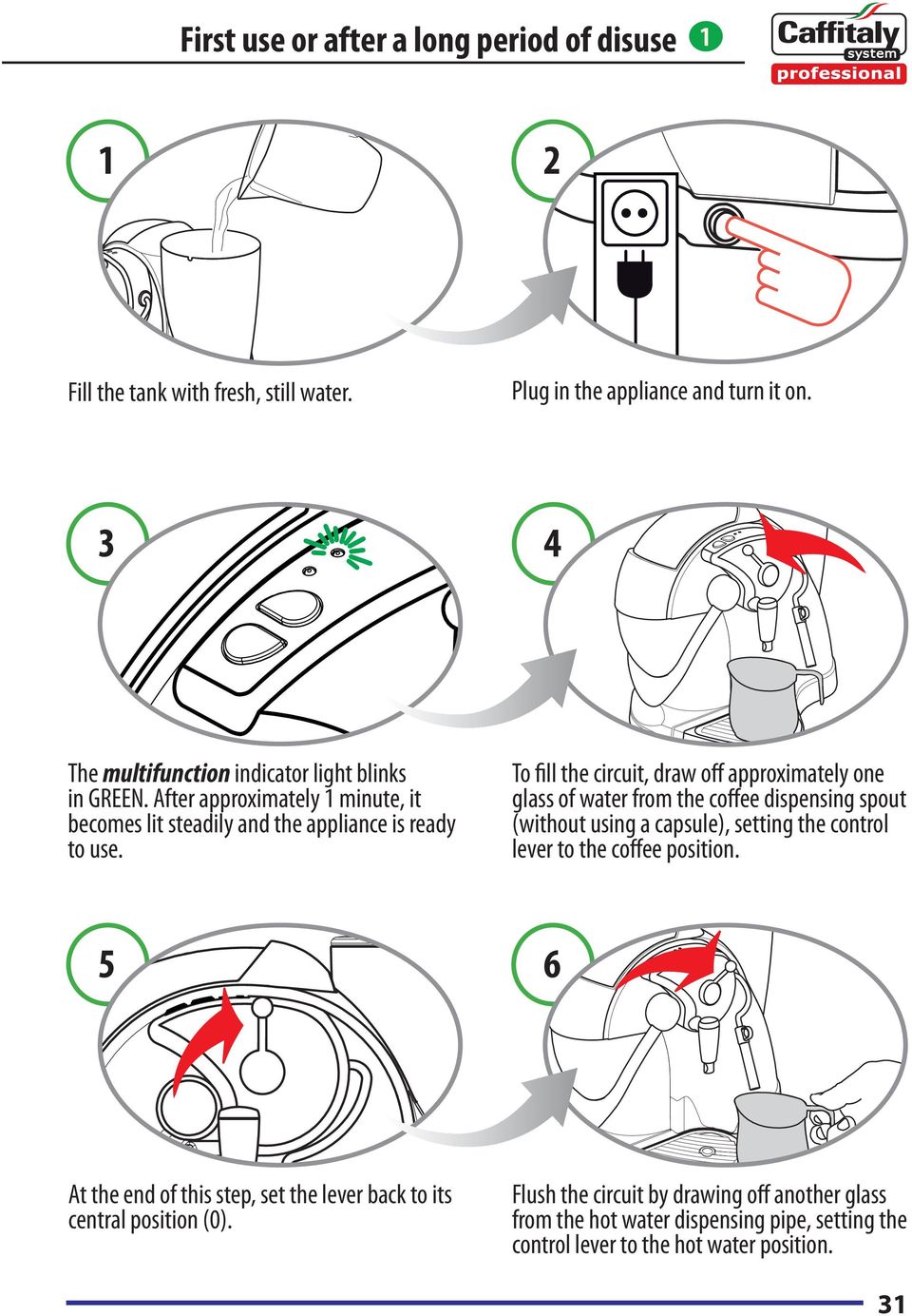 To fill the circuit, draw off approximately one glass of water from the coffee dispensing spout (without using a capsule), setting the control lever to the coffee