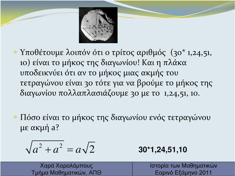 Και η πλάκα υποδεικνύει ότι αν το μήκος μιας ακμής του τετραγώνου είναι 30 τότε για