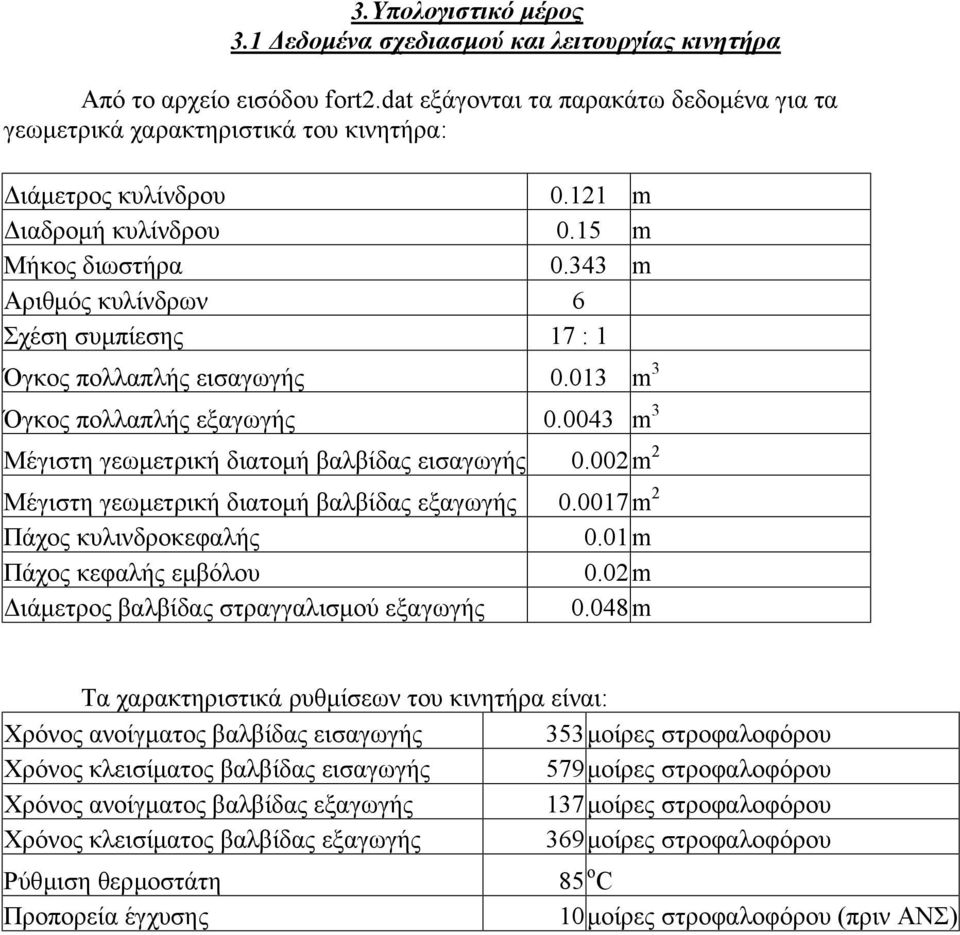 0043 m 3 Μέγιστη γεωµετρική διατοµή βαλβίδας εισαγωγής 0.002 m 2 Μέγιστη γεωµετρική διατοµή βαλβίδας εξαγωγής 0.0017 m 2 Πάχος κυλινδροκεφαλής 0.01 m Πάχος κεφαλής εµβόλου 0.