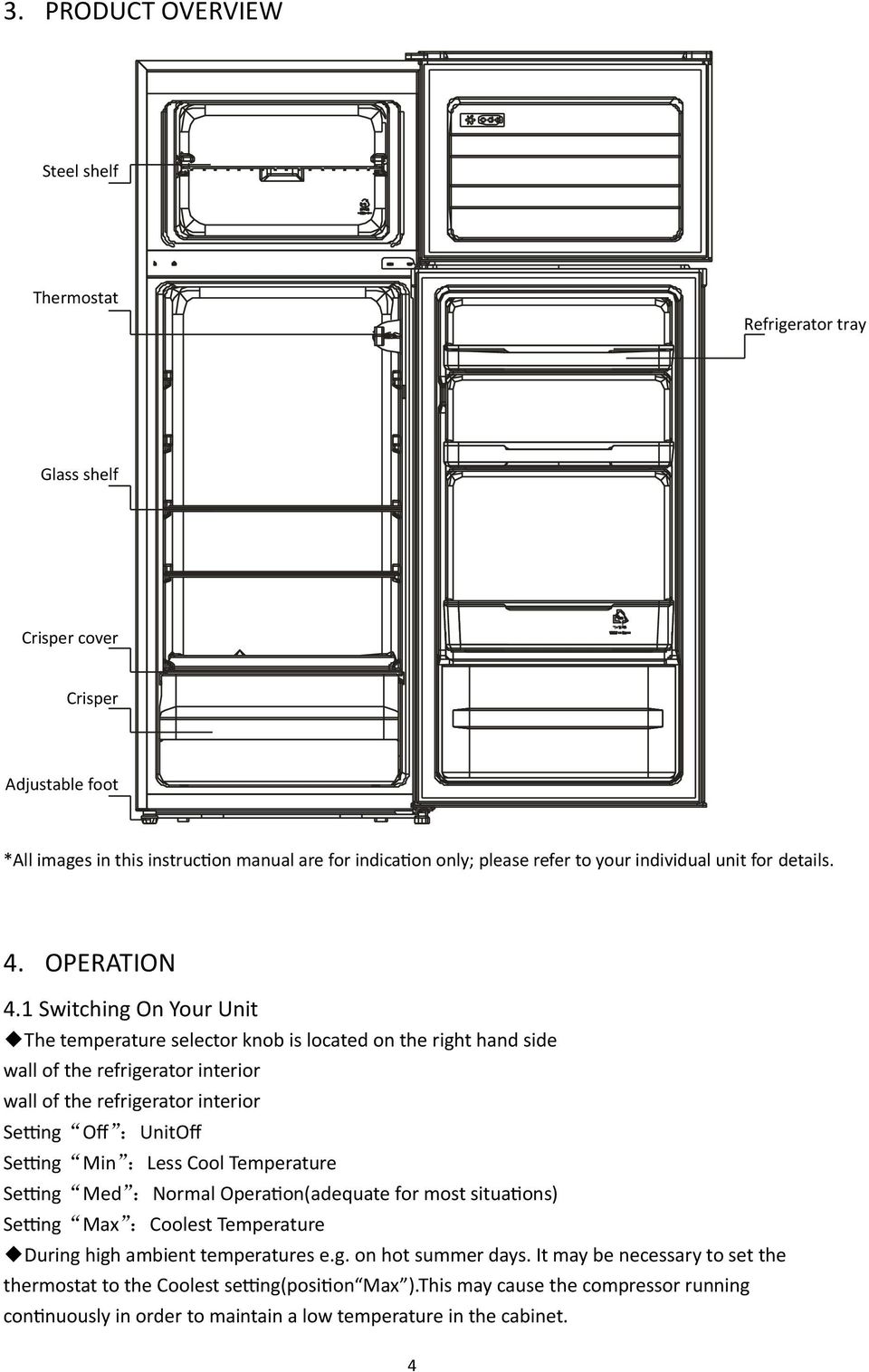 1 Switching On Your Unit The temperature selector knob is located on the right hand side wall of the refrigerator interior wall of the refrigerator interior Setting Off :UnitOff Setting Min :Less