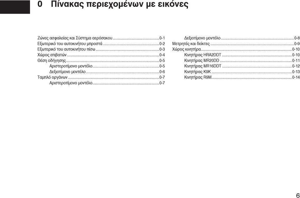 ..0-5 εξιοτίµονο µοντέλο...0-6 Ταµπλό οργάνων...0-7 Αριστεροτίµονο µοντέλο...0-7 εξιοτίµονο µοντέλο.