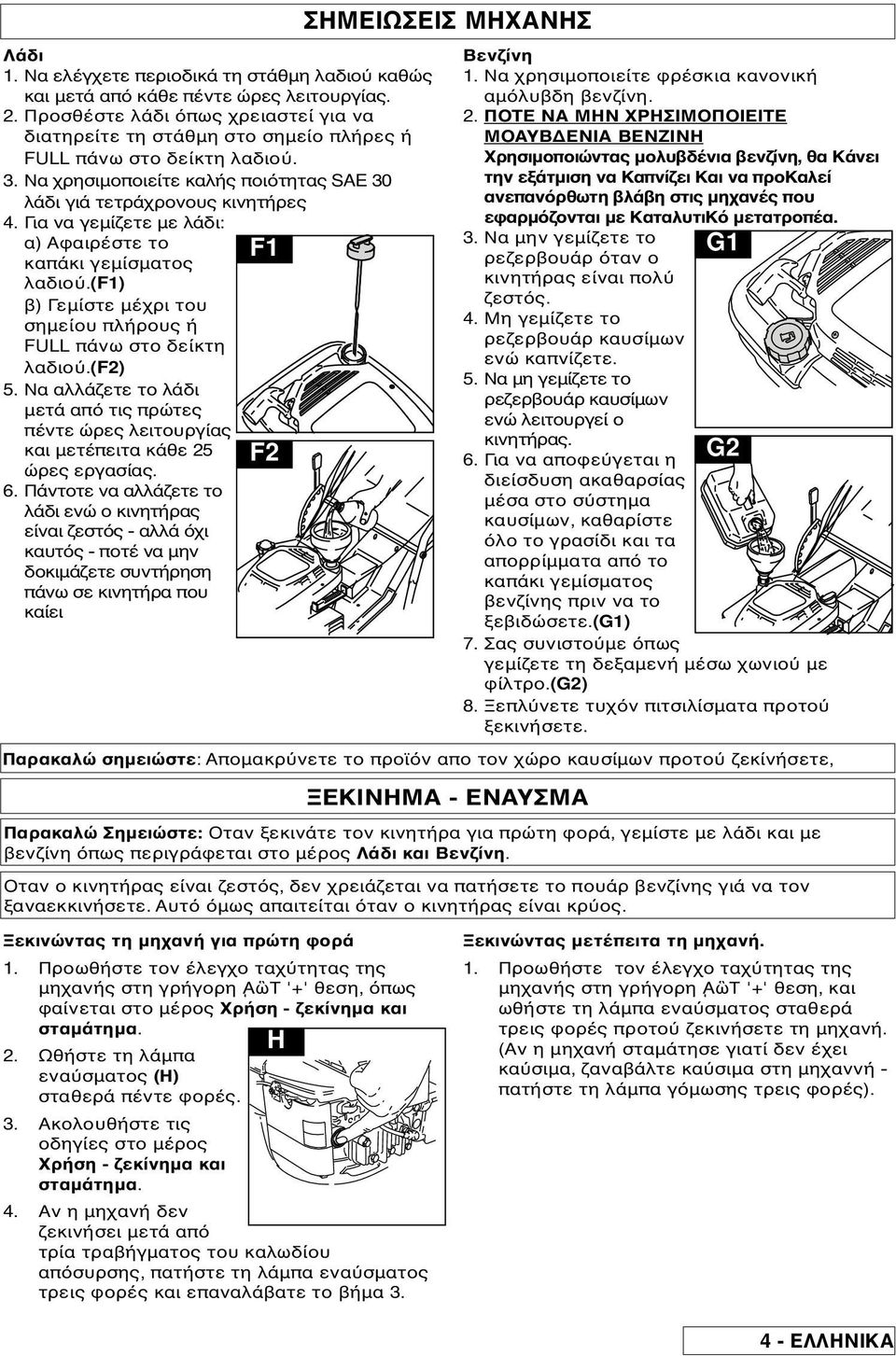 (f1) β) Γεµίστε µέχρι του σηµείου πλήρους ή FULL πάνω στο δείκτη λαδιο.(f2) 5. Να αλλάζετε το λάδι µετά απ τις πρώτες πέντε ώρες λειτουργίας και µετέπειτα κάθε 25 F2 ώρες εργασίας. 6.