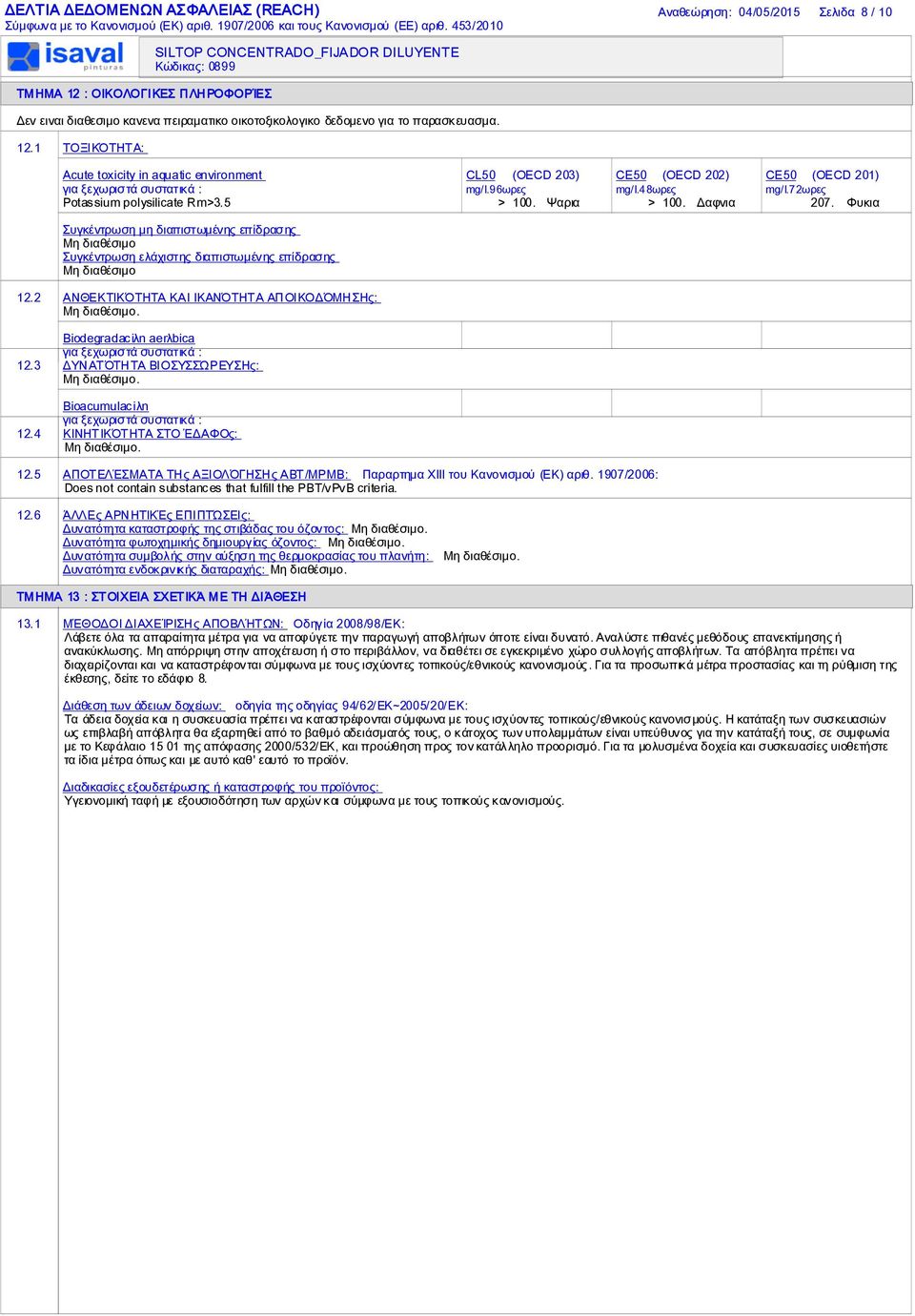 1 ΤΟΞΙΚΌΤΗΤΑ: Acute toxicity in aquatic environment CL50 (OECD 203) CE50 (OECD 202) CE50 (OECD 201) για ξεχωριστά συστατικά : mg/l.96ωρες mg/ l.48ωρες mg/l.72ωρες Potassium polysilicate Rm>3.5 > 100.