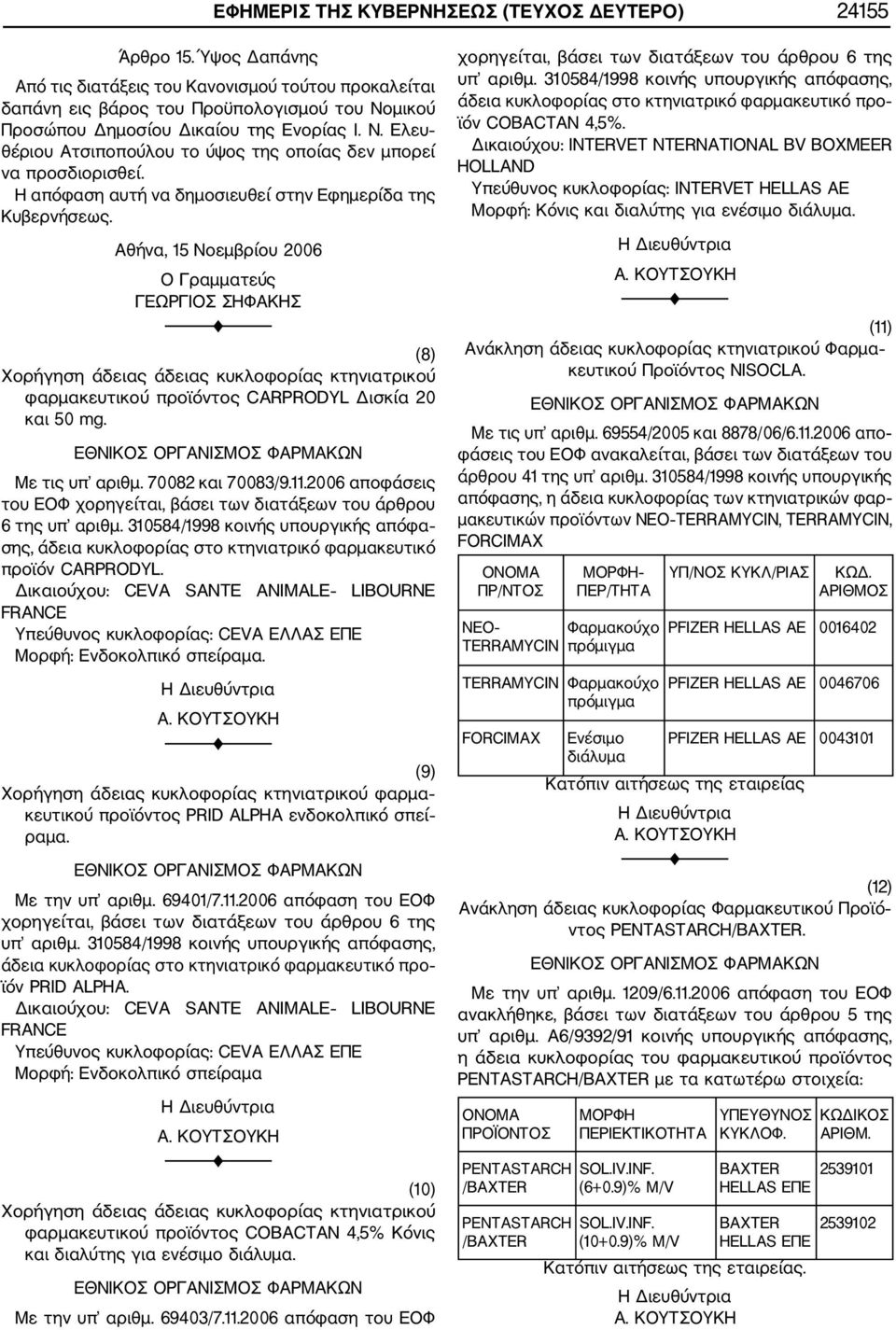 Αθήνα, 15 Νοεμβρίου 2006 Ο Γραμματεύς ΓΕΩΡΓΙΟΣ ΣΗΦΑΚΗΣ (8) Χορήγηση άδειας άδειας κυκλοφορίας κτηνιατρικού φαρμακευτικού προϊόντος CARPRODYL Δισκία 20 και 50 mg. Με τις υπ αριθμ. 70082 και 70083/9.11.