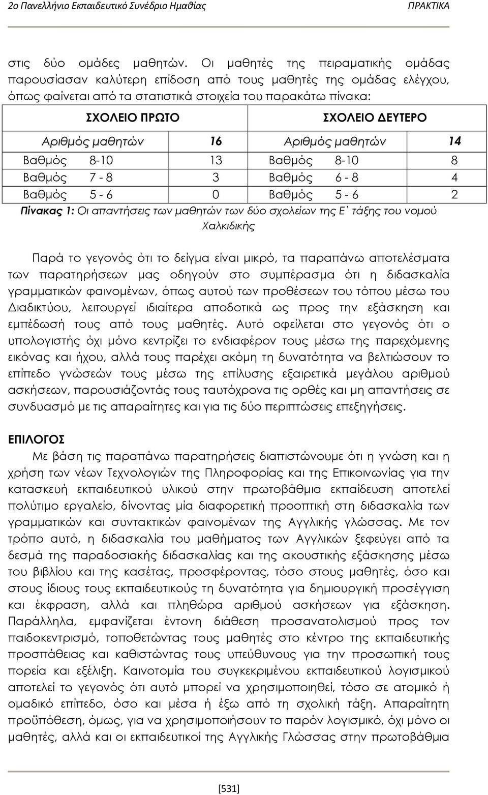 Αριθμός μαθητών 16 Αριθμός μαθητών 14 Βαθμός 8-10 13 Βαθμός 8-10 8 Βαθμός 7-8 3 Βαθμός 6-8 4 Βαθμός 5-6 0 Βαθμός 5-6 2 Πίνακας 1: Οι απαντήσεις των μαθητών των δύο σχολείων της Ε τάξης του νομού