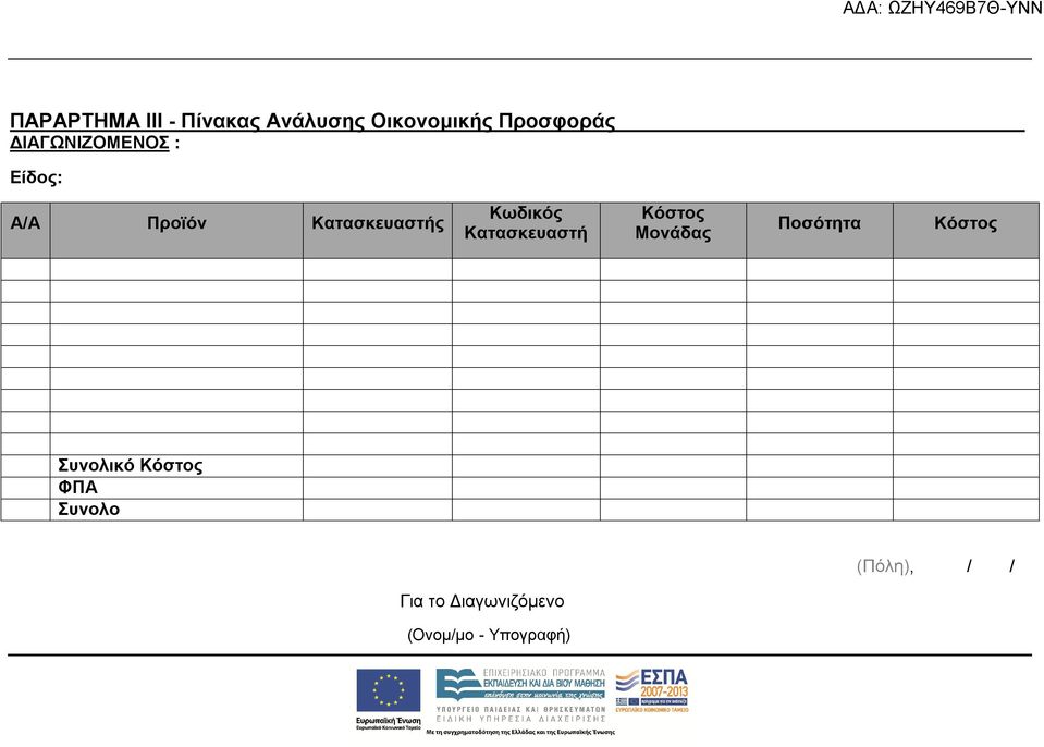 Κατασκευαστή Κόστος Μονάδας Ποσότητα Κόστος Συνολικό