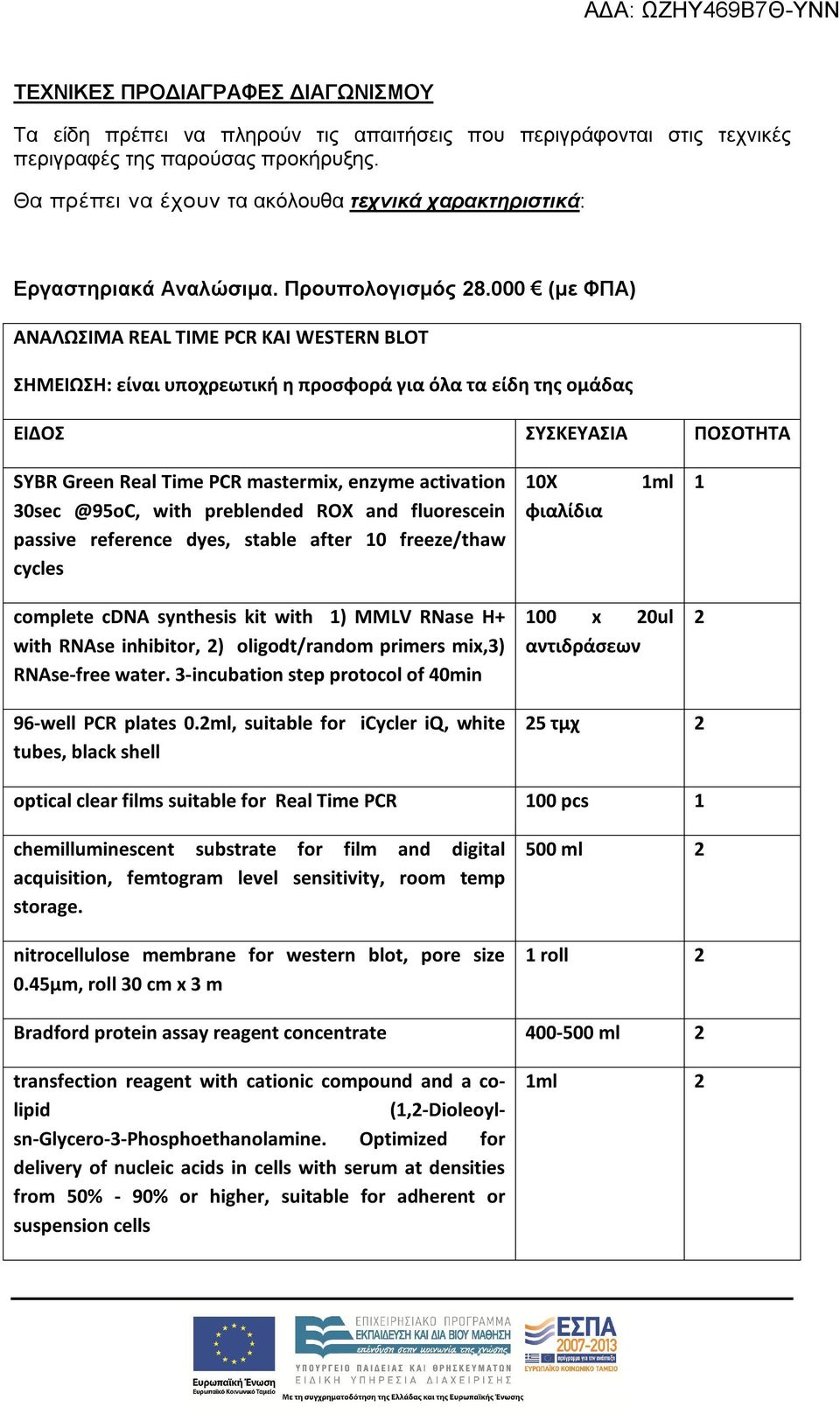 000 (με ΦΠΑ) ΑΝΑΛΩΣΙΜΑ REAL TIME PCR ΚΑΙ WESTERN BLOT ΣΗΜΕΙΩΣΗ: είναι υποχρεωτική η προσφορά για όλα τα είδη της ομάδας ΕΙΔΟΣ ΣΥΣΚΕΥΑΣΙΑ ΠΟΣΟΤΗΤΑ SYBR Green Real Time PCR mastermix, enzyme activation