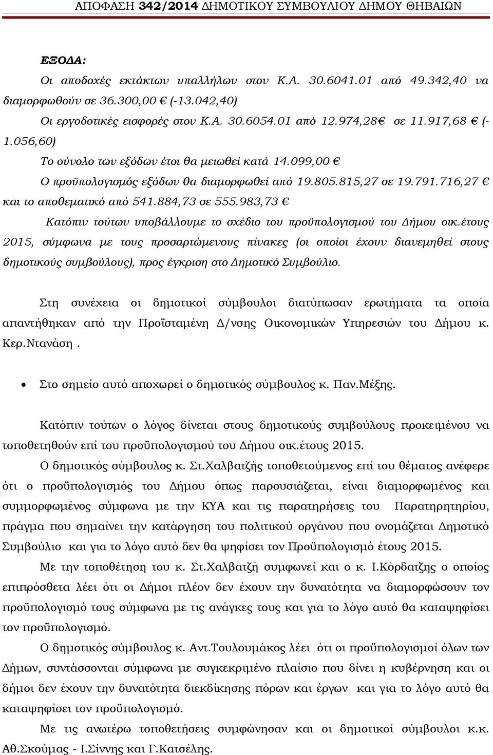 983,73 Κατόπιν τούτων υποβάλλουμε το σχέδιο του προϋπολογισμού του Δήμου οικ.