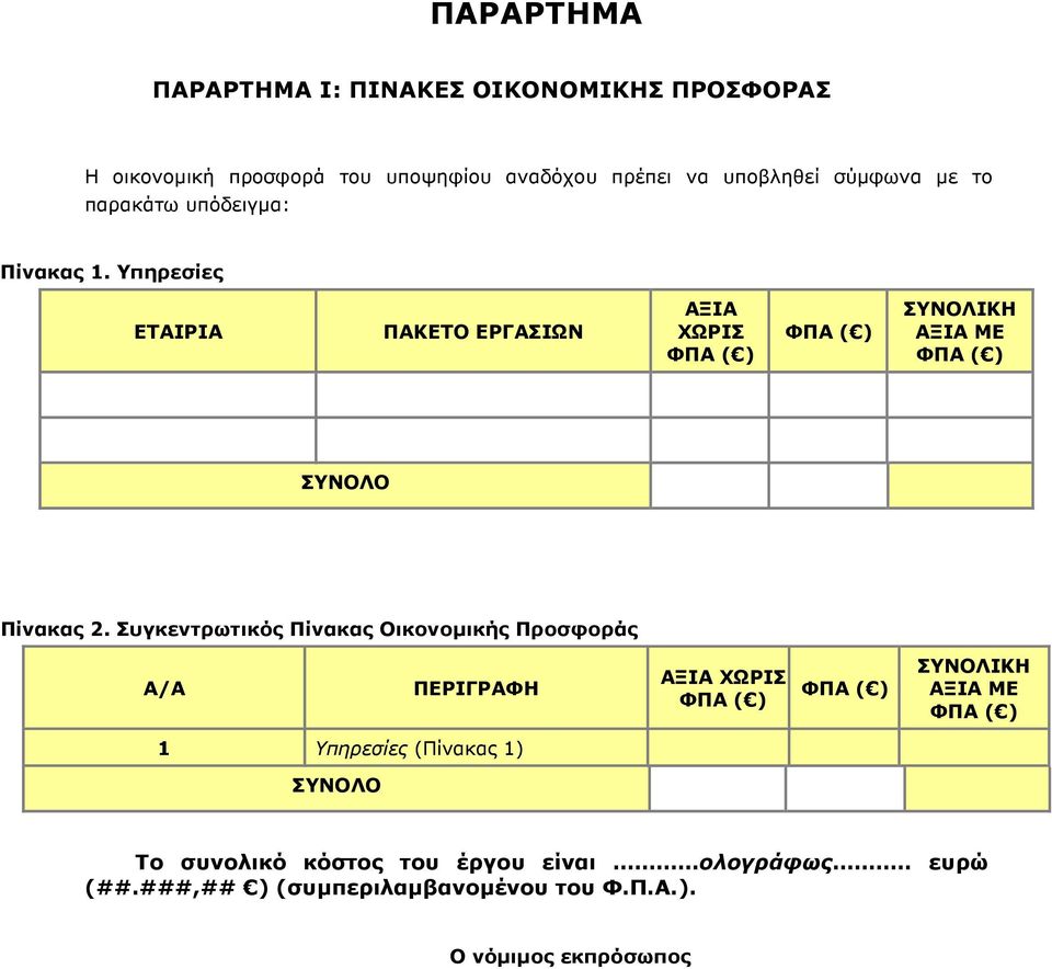 Υπηρεσίες ΕΤΑΙΡΙΑ ΠΑΚΕΤΟ ΕΡΓΑΣΙΩΝ ΑΞΙΑ ΧΩΡΙΣ ΦΠΑ ( ) ΦΠΑ ( ) ΣΥΝΟΛΙΚΗ ΑΞΙΑ ΜΕ ΦΠΑ ( ) ΣΥΝΟΛΟ Πίνακας 2.