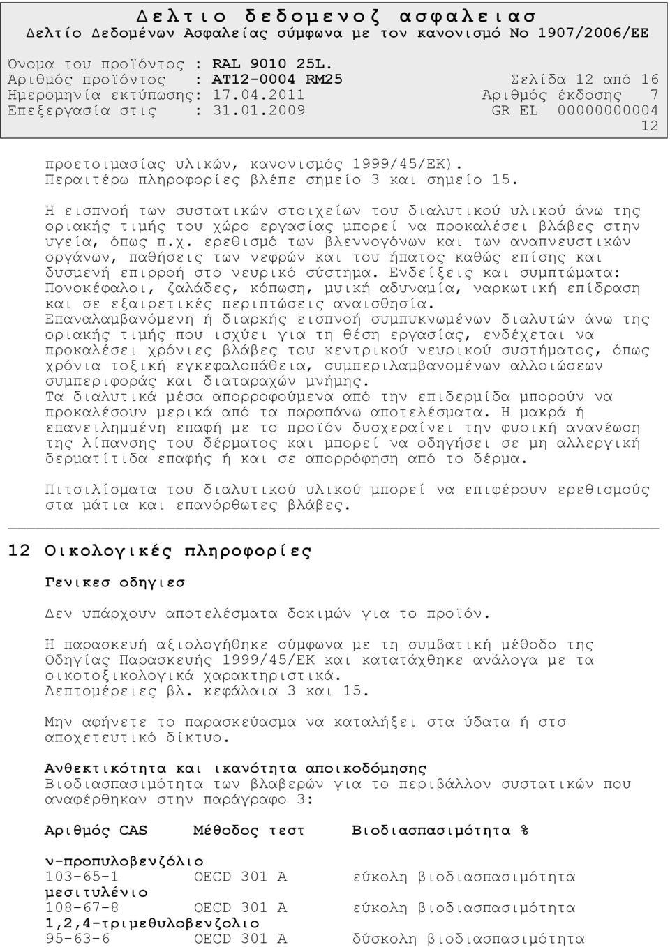 Ενδείξεις και συµπτώµατα: Πονοκέφαλοι, ζαλάδες, κόπωση, µυική αδυναµία, ναρκωτική επίδραση και σε εξαιρετικές περιπτώσεις αναισθησία.