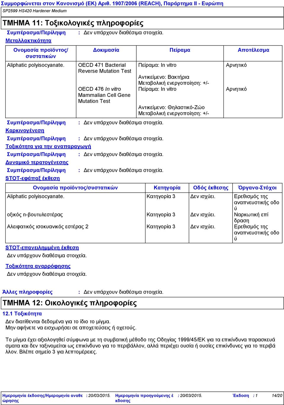 OECD 471 Bacterial Reverse Mutation Test OECD 476 In vitro Mammalian Cell Gene Mutation Test Ονομασία προϊόντος/συστατικών STOT-επανειλημμένη έκθεση Τοξικότητα αναρρόφησης Πείραμα In vitro