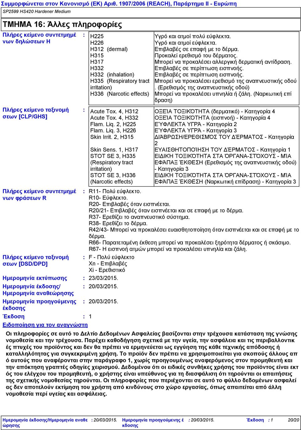 H225 H226 H312 (dermal) H315 H317 H332 H332 (inhalation) H335 (Respiratory tract irritation) H336 (Narcotic effects) R11- Πολύ εύφλεκτο. R10- Εύφλεκτο. R20- Επιβλαβές όταν εισπνέεται.