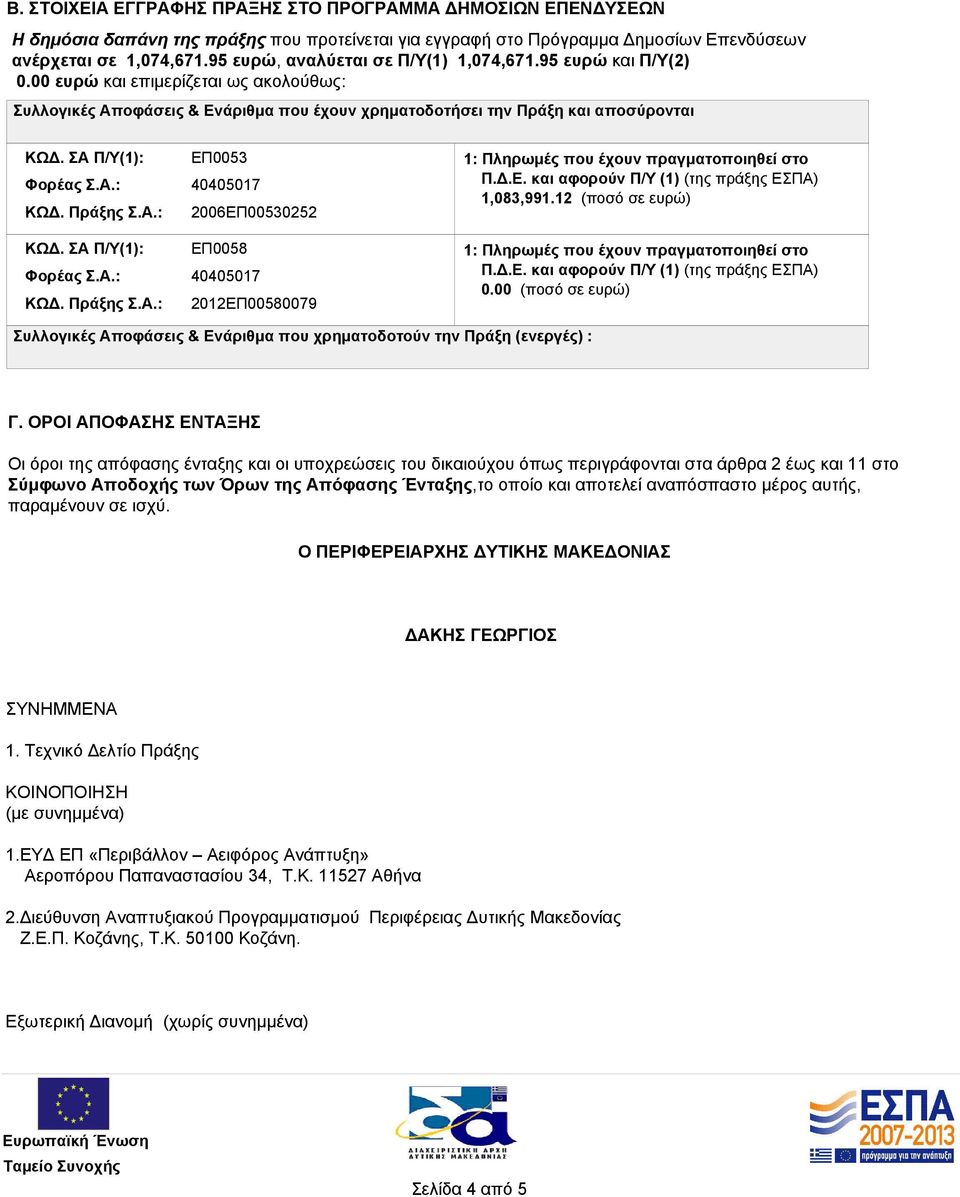 ΣΑ Π/Υ(1): Φορέας Σ.Α.: ΚΩΔ. Πράξης Σ.Α.: ΚΩΔ. ΣΑ Π/Υ(1): Φορέας Σ.Α.: ΚΩΔ. Πράξης Σ.Α.: ΕΠ0053 40405017 2006ΕΠ00530252 ΕΠ0058 40405017 2012ΕΠ00580079 1: Πληρωμές που έχουν πραγματοποιηθεί στο Π.Δ.Ε. και αφορούν Π/Υ (1) (της πράξης ΕΣΠΑ) 1,083,991.