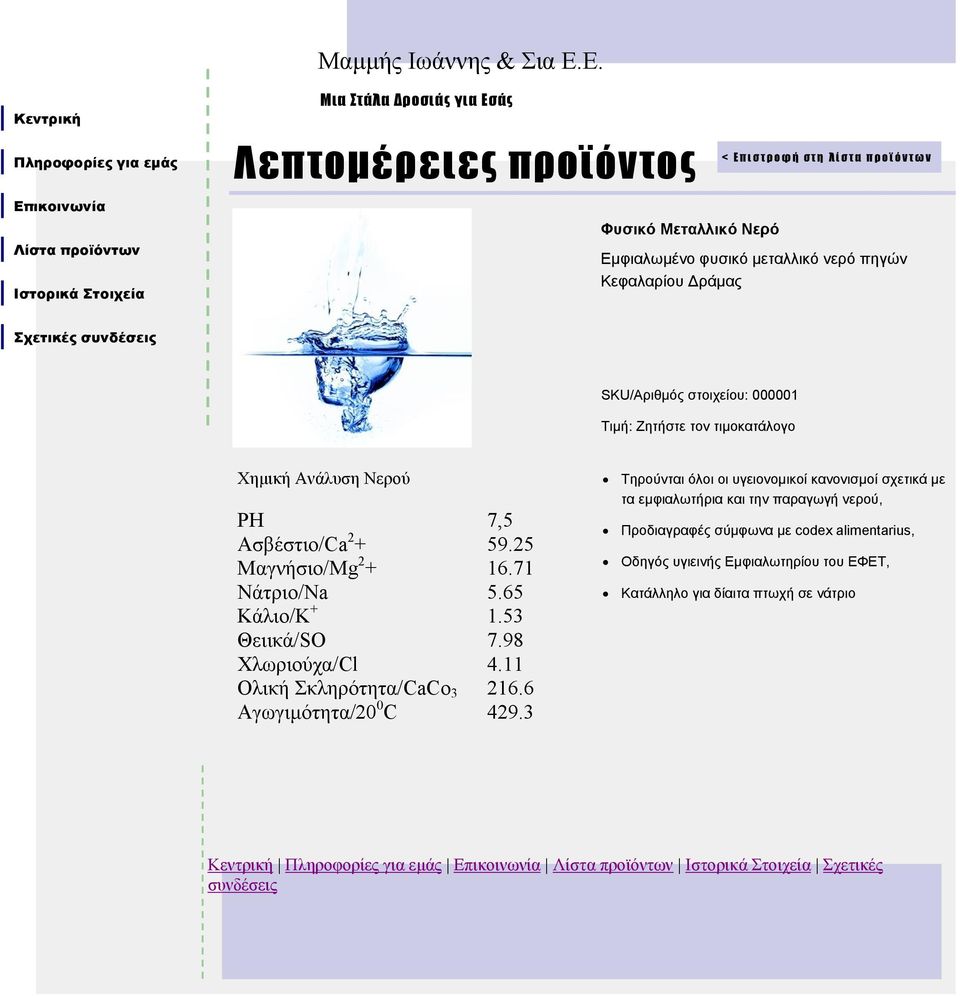 53 Θειικά/SO 7.98 Χλφριούτα/Cl 4.11 Ολική κληρόηηηα/caco 3 216.6 Αγφγιμόηηηα/20 0 C 429.
