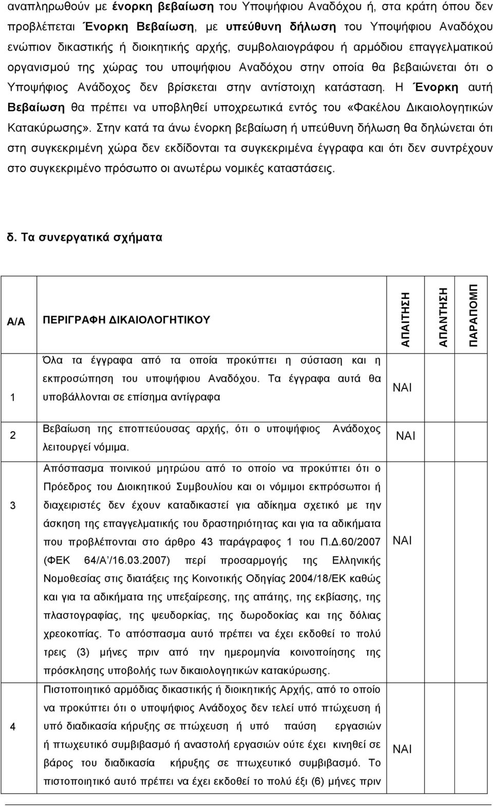 Η Ένορκη αυτή Βεβαίωση θα πρέπει να υποβληθεί υποχρεωτικά εντός του «Φακέλου ικαιολογητικών Κατακύρωσης».