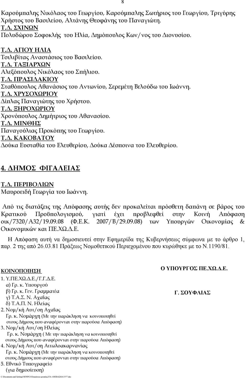 Τ.Δ. ΧΡΥΣΟΧΩΡΙΟΥ Δίπλας Παναγιώτης του Χρήστου. Τ.Δ. ΞΗΡΟΧΩΡΙΟΥ Χρονόπουλος Δημήτριος του Αθανασίου. Τ.Δ. ΜΙΝΘΗΣ Παναγούλιας Προκόπης του Γεωργίου. Τ.Δ. ΚΑΚΟΒΑΤΟΥ Δούκα Ευσταθία του Ελευθερίου, Δούκα Δέσποινα του Ελευθερίου.