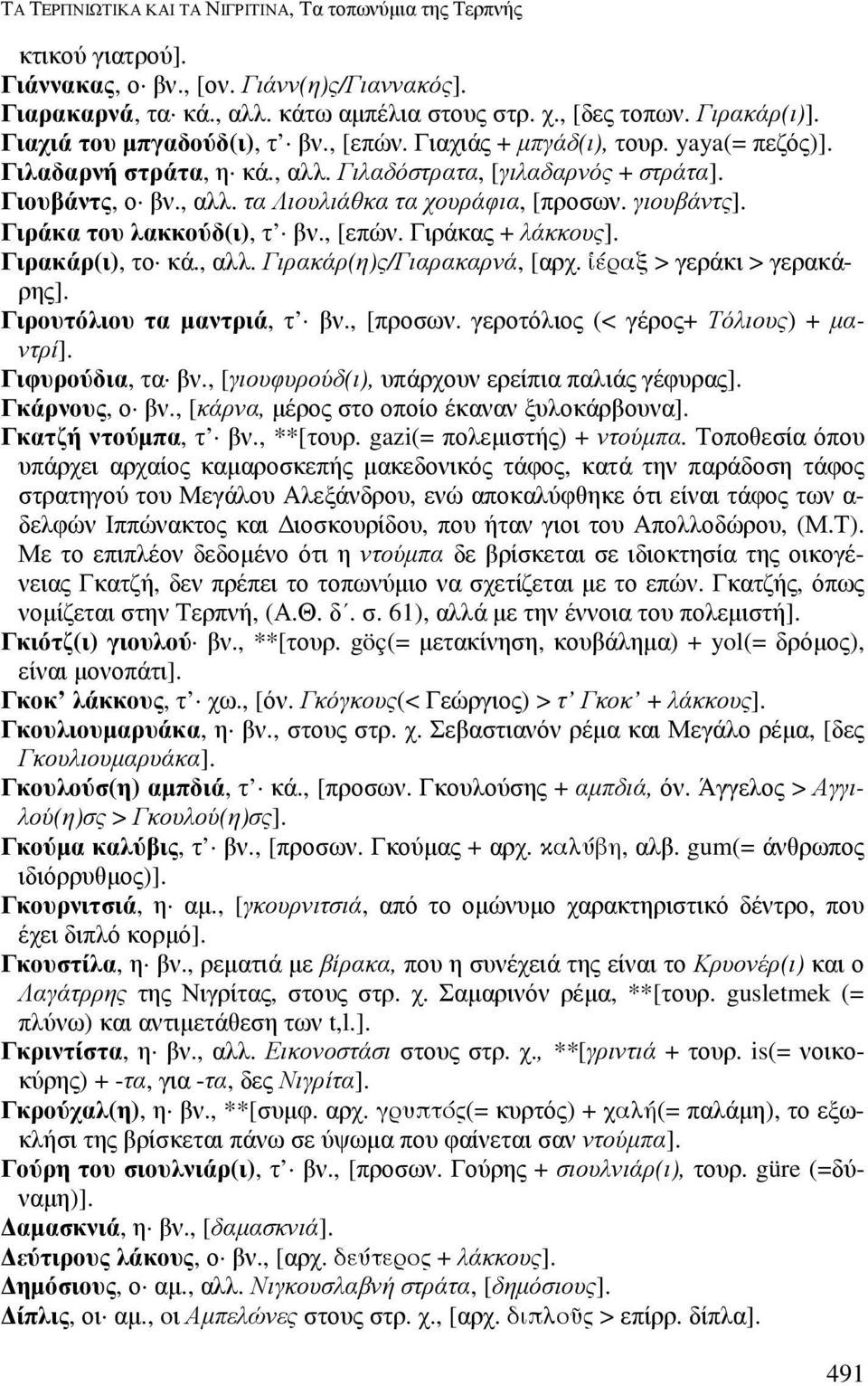 γιουβάντς]. Γιράκα του λακκούδ(ι), τ βν., [επών. Γιράκας + λάκκους]. Γιρακάρ(ι), το κά., αλλ. Γιρακάρ(η)ς/Γιαρακαρνά, [αρχ. έραξ > γεράκι > γερακάρης]. Γιρουτόλιου τα µαντριά, τ βν., [προσων.