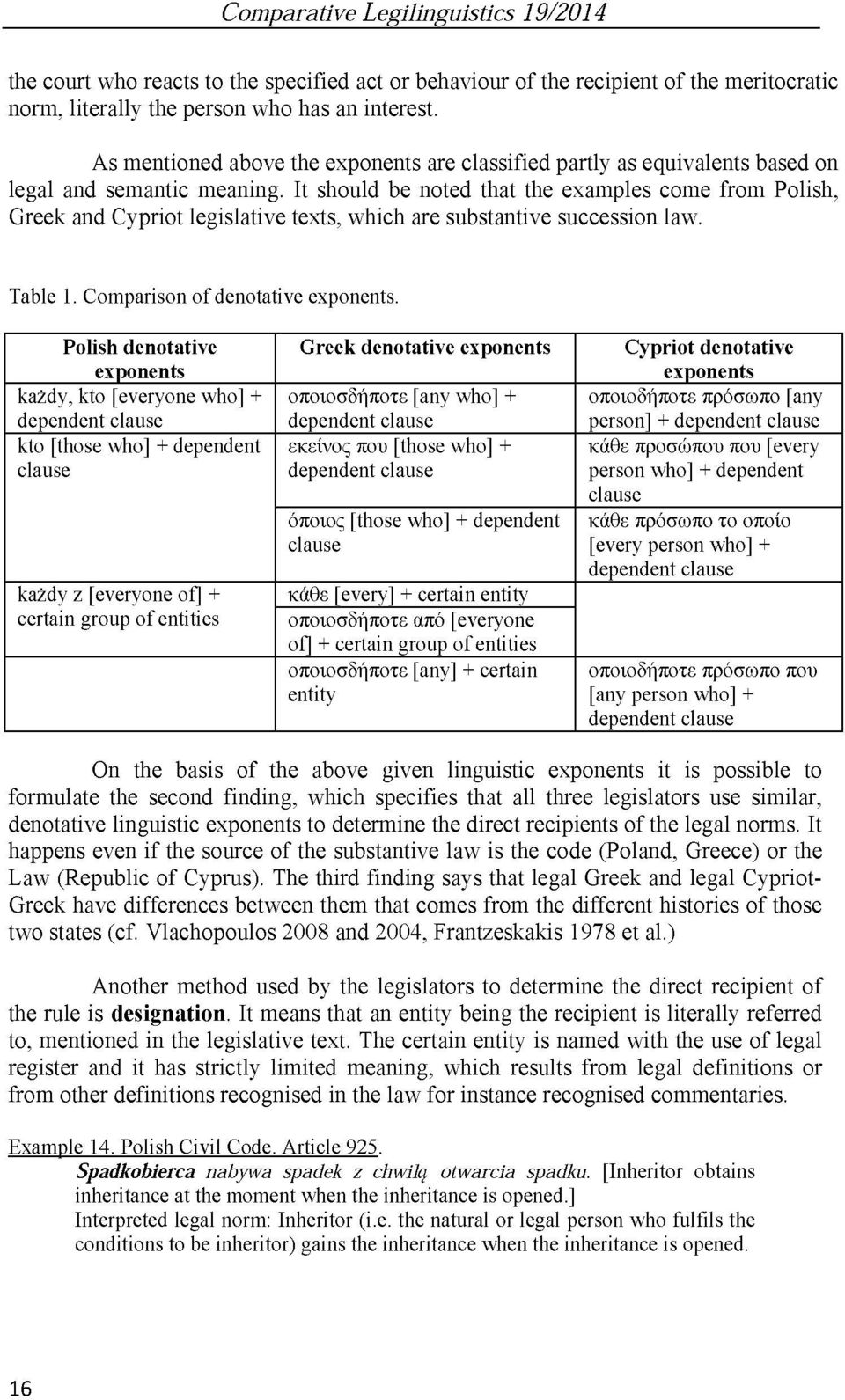 It should be noted that the examples come from Polish, Greek and Cypriot legislative texts, which are substantive succession law. Table 1. Comparison of denotative exponents.