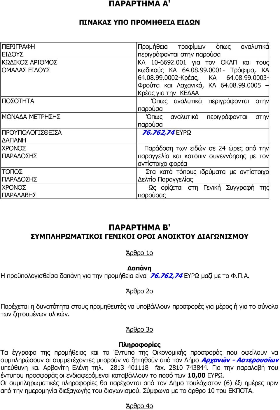 0001- Τρόφιµα, ΚΑ 64.08.99.0002-Κρέας, ΚΑ 64.08.99.0003- Φρούτα και Λαχανικά, ΚΑ 64.08.99.0005 Κρέας για την ΚΕ ΑΑ Όπως αναλυτικά περιγράφονται στην παρούσα Όπως αναλυτικά περιγράφονται στην παρούσα 76.