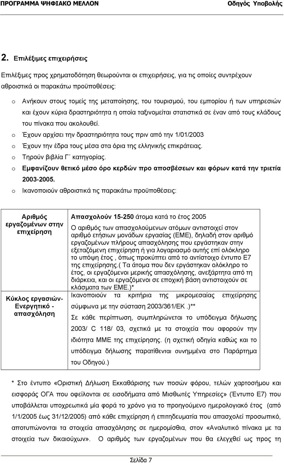 o Έχουν αρχίσει την δραστηριότητα τους πριν από την 1/01/2003 o Έχουν την έδρα τους µέσα στα όρια της ελληνικής επικράτειας. o Τηρούν βιβλία Γ κατηγορίας.