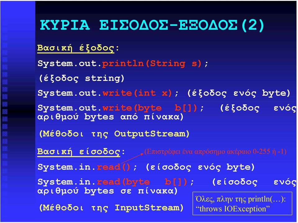 read(); (είσοδος ενός byte) System.in.