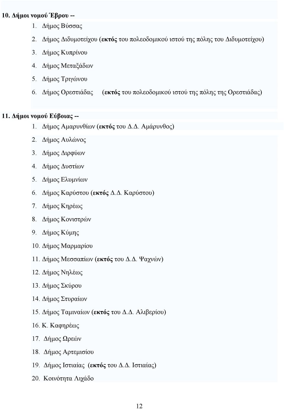 ήµος υστίων 5. ήµος Ελυµνίων 6. ήµος Καρύστου (εκτός.. Καρύστου) 7. ήµος Κηρέως 8. ήµος Κονιστρών 9. ήµος Κύµης 10. ήµος Μαρµαρίου 11. ήµος Μεσσαπίων (εκτός του.. Ψαχνών) 12.