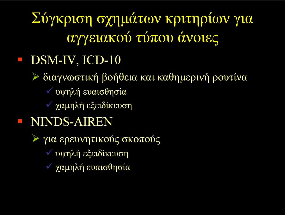 ρουτίνα υψηλή ευαισθησία χαµηλή εξειδίκευση NINDS-AIREN